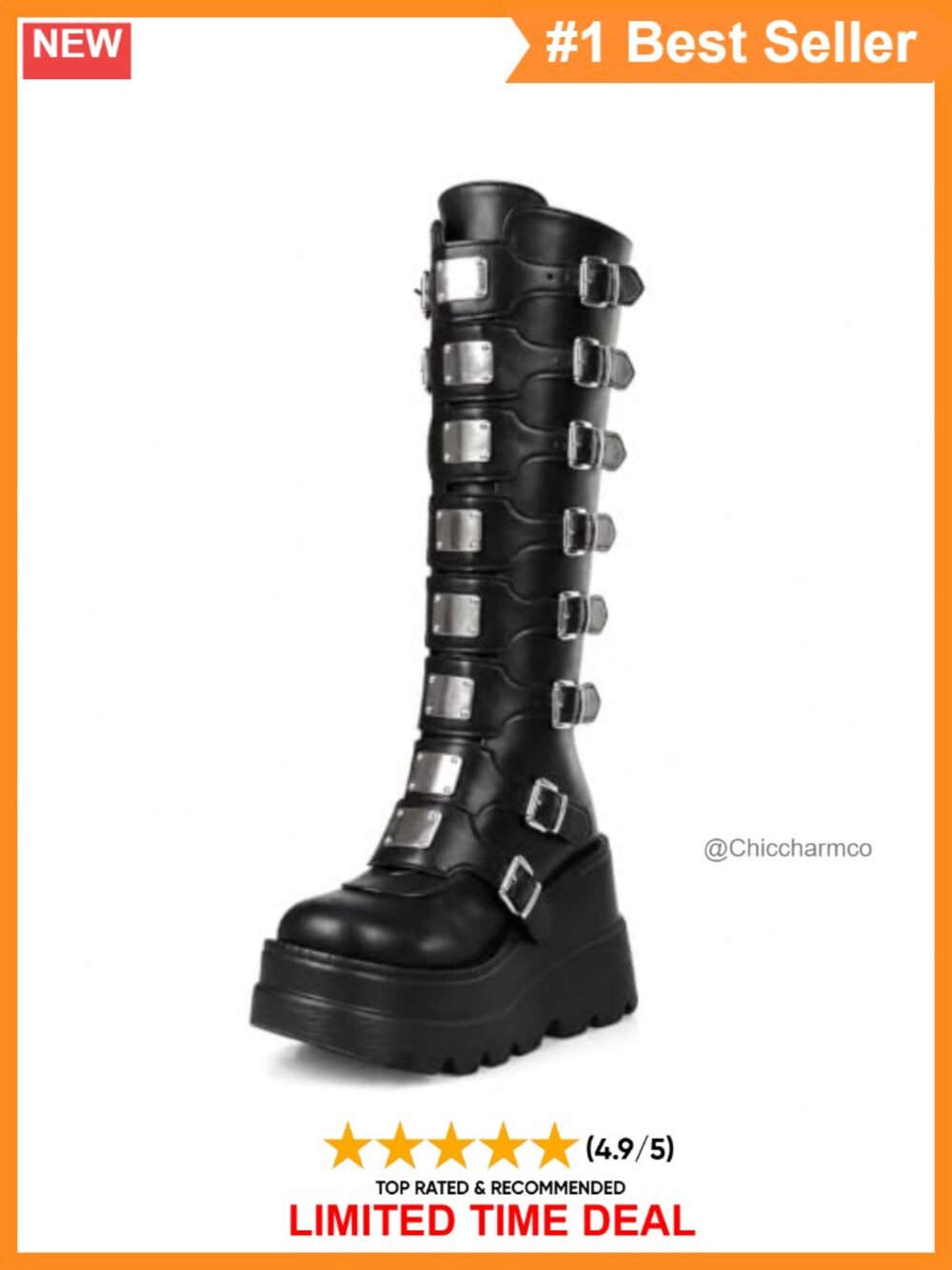 Faux Leather Platform Knee High Boots Wedge Heel Metal Buckle Goth